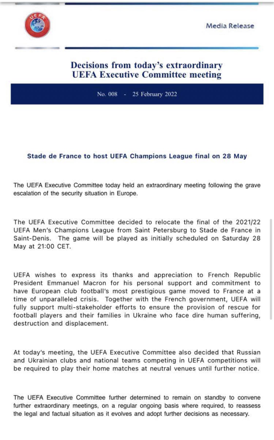 nota de prensa de la UEFA final de Champions 2022